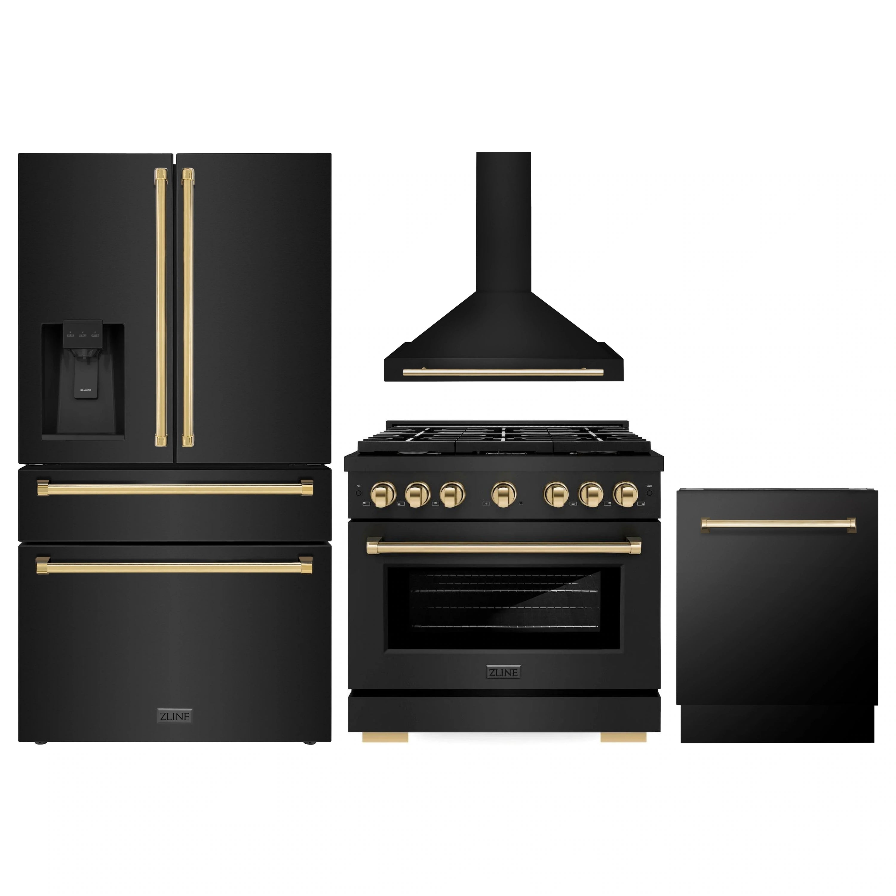 Black appliance package set with gold accents: range hood, gas range, fridge, dishwasher