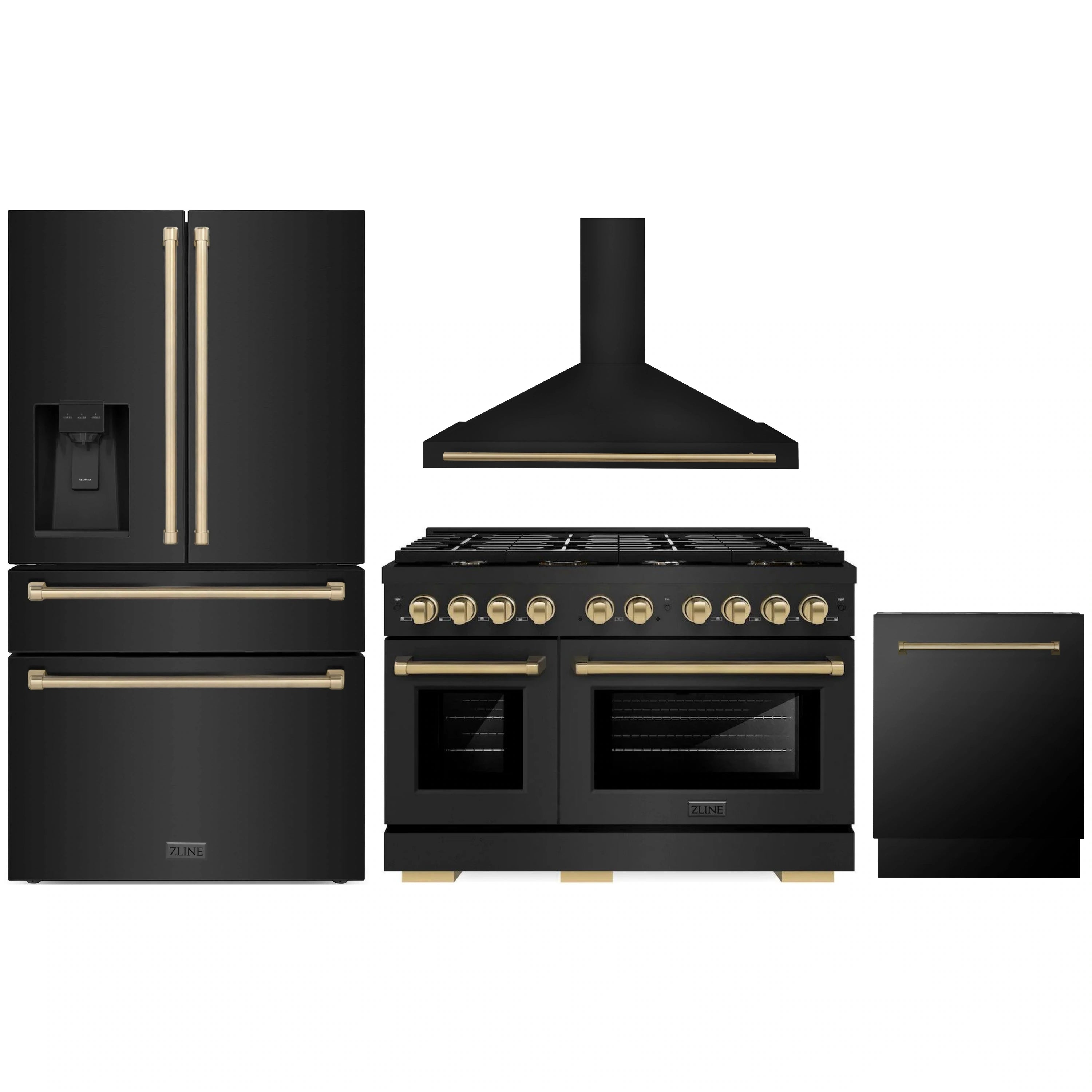Black stainless appliance package with gas range, range hood, refrigerator, and dishwasher