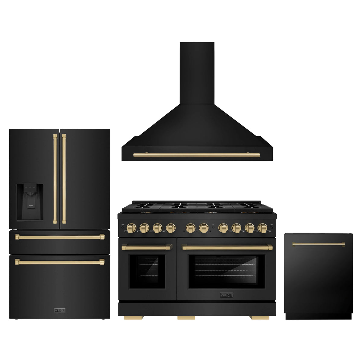 ZLINE 4-Piece Appliance Package - 48-Inch Paramount Gas Range, Wall Mount Range Hood, 36-Inch French Door Refrigerator with Water Dispenser, Dishwasher, in Black Stainless Steel with Champagne Bronze Accents