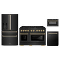 ZLINE 4-Piece Appliance Package - 48-Inch Paramount Gas Range, Refrigerator with Water Dispenser, Dishwasher, and 24-Inch Microwave Drawer in Black Stainless Steel with Gold Accents