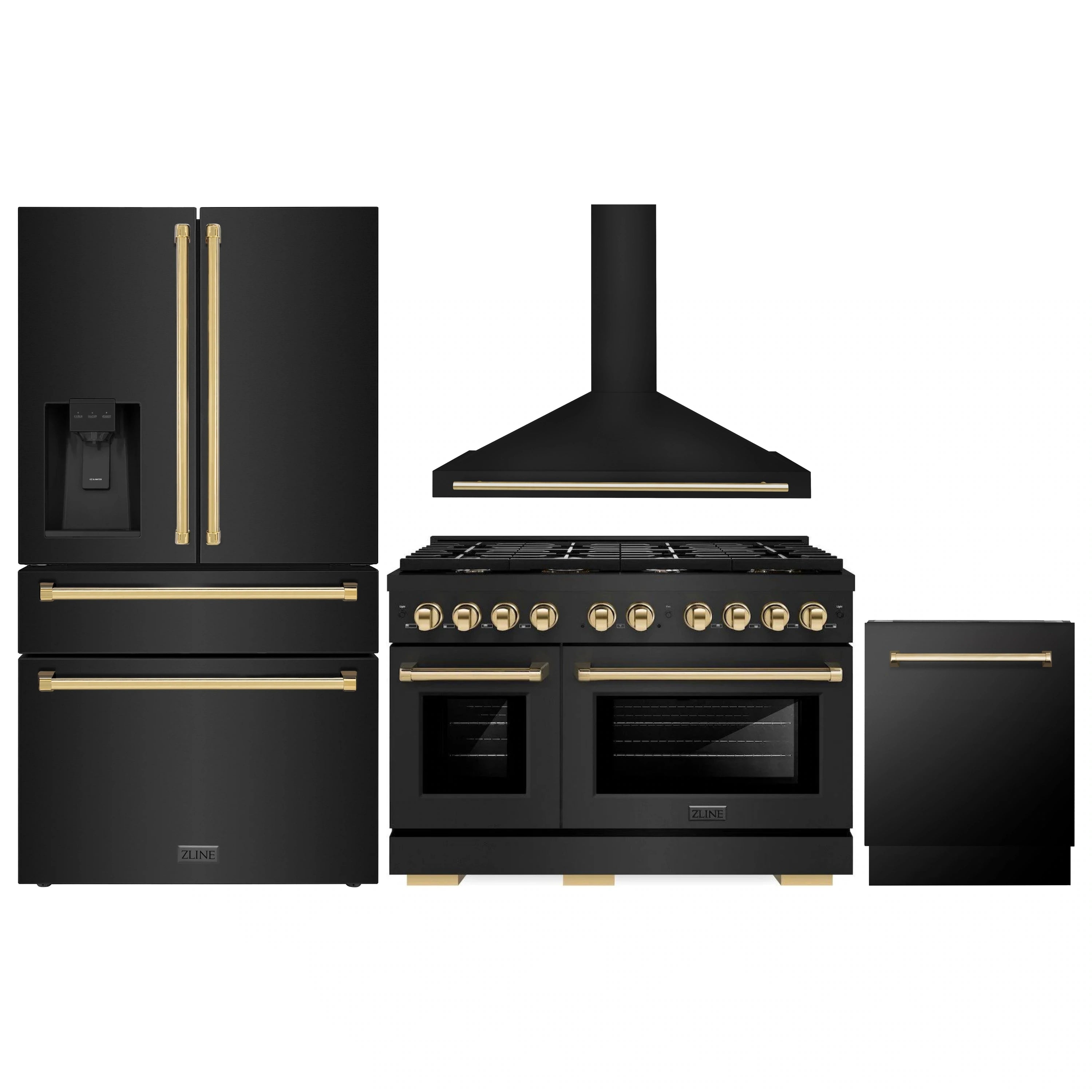 Black stainless appliance set with gold-accented range and wall hood, three-piece view.