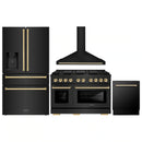 ZLINE 4-Piece Appliance Package - 48-Inch Paramount Gas Range, Wall Mount Range Hood, 36-Inch French Door Refrigerator with Water Dispenser, Dishwasher, in Black Stainless Steel with Gold Accents