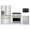 ZLINE 4-Piece Appliance Package - 30-Inch Paramount Gas Range, Refrigerator with Water Dispenser, Dishwasher, and 24-Inch Microwave Drawer in Stainless Steel with Champagne Bronze Accents