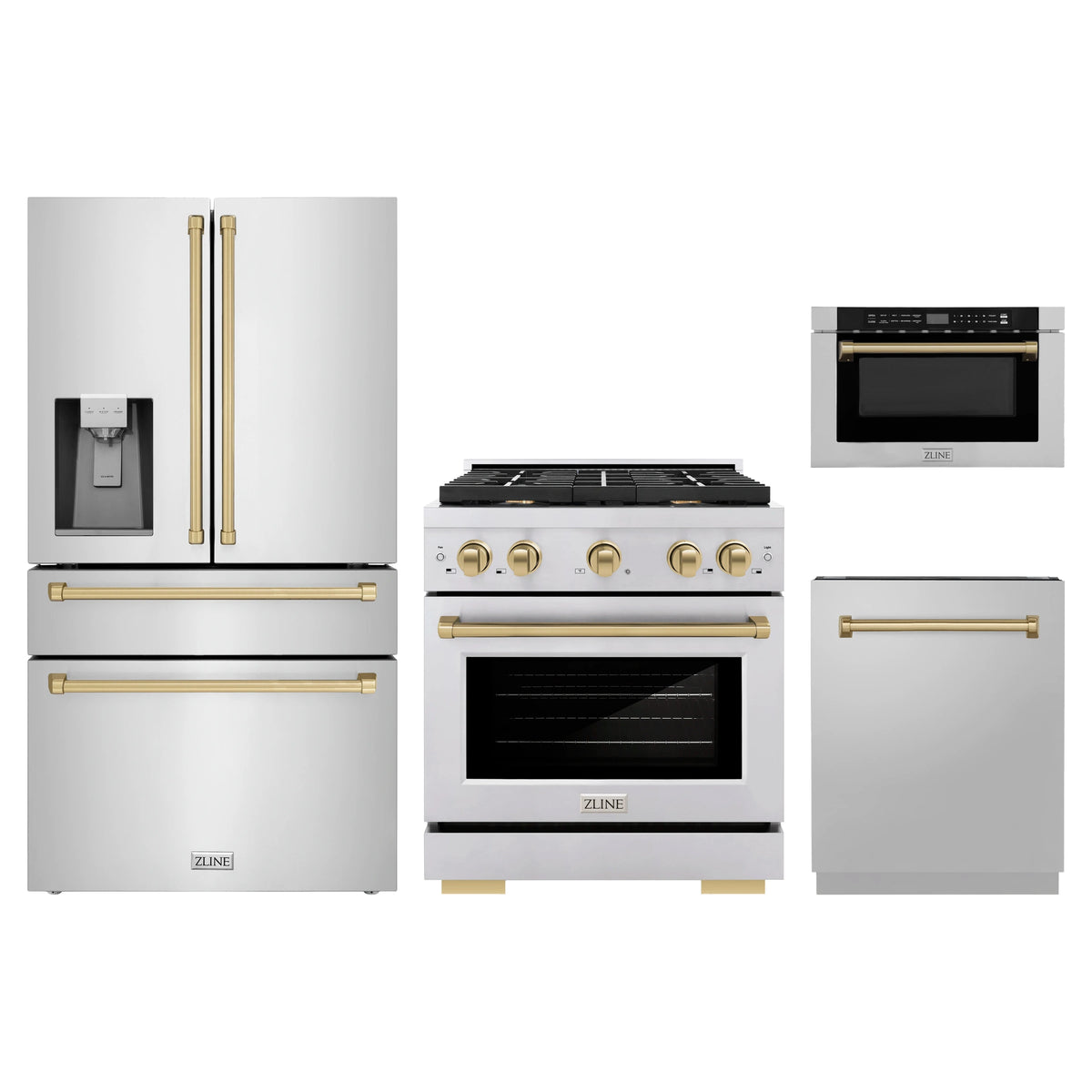 ZLINE 4-Piece Appliance Package - 30-Inch Paramount Gas Range, Refrigerator with Water Dispenser, Dishwasher, and 24-Inch Microwave Drawer in Stainless Steel with Champagne Bronze Accents