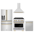 ZLINE 4-Piece Appliance Package - 30-Inch Paramount Autograph Gas Range, Wall Mount Range Hood, 36-Inch French Door Refrigerator with Water Dispenser, Dishwasher, in Stainless Steel with Champagne Bronze Accents