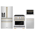 ZLINE 4-Piece Appliance Package - 30-Inch Paramount Gas Range, Refrigerator with Water Dispenser, Dishwasher, and 24-Inch Microwave Drawer in Stainless Steel with Gold Accents