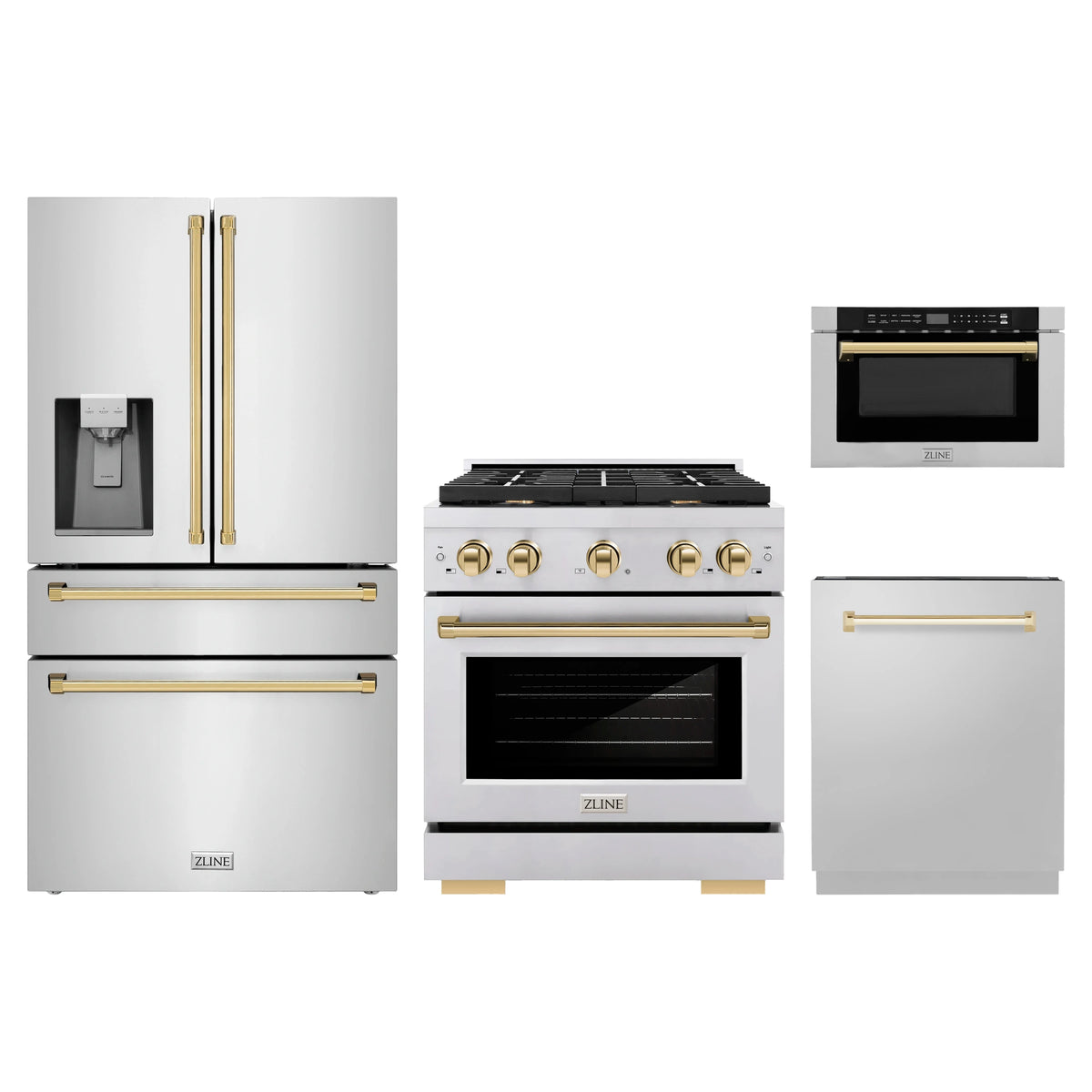 ZLINE 4-Piece Appliance Package - 30-Inch Paramount Gas Range, Refrigerator with Water Dispenser, Dishwasher, and 24-Inch Microwave Drawer in Stainless Steel with Gold Accents
