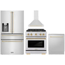 ZLINE 4-Piece Appliance Package - 30-Inch Paramount Autograph Gas Range, Wall Mount Range Hood, 36-Inch French Door Refrigerator with Water Dispenser, Dishwasher, in Stainless Steel with Gold Accents
