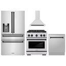 ZLINE 4-Piece Appliance Package - 30-Inch Paramount Autograph Gas Range, Wall Mount Range Hood, 36-Inch French Door Refrigerator with Water Dispenser, Dishwasher, in Stainless Steel with Matte Black Accents