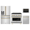 ZLINE 4-Piece Appliance Package - 36-Inch Paramount Gas Range, Refrigerator with Water Dispenser, Dishwasher, and 24-Inch Microwave Drawer in Stainless Steel with Champagne Bronze Accents