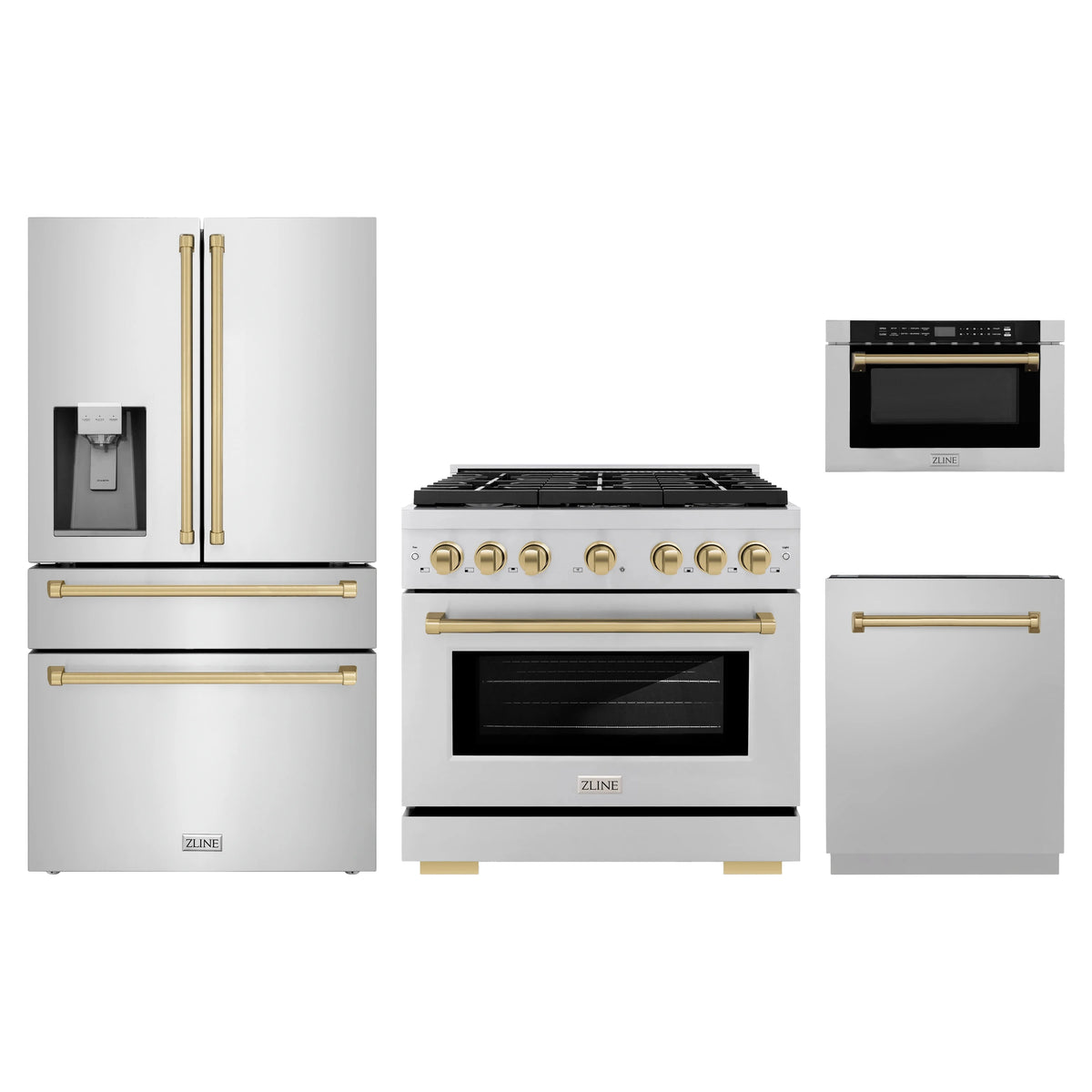 ZLINE 4-Piece Appliance Package - 36-Inch Paramount Gas Range, Refrigerator with Water Dispenser, Dishwasher, and 24-Inch Microwave Drawer in Stainless Steel with Champagne Bronze Accents