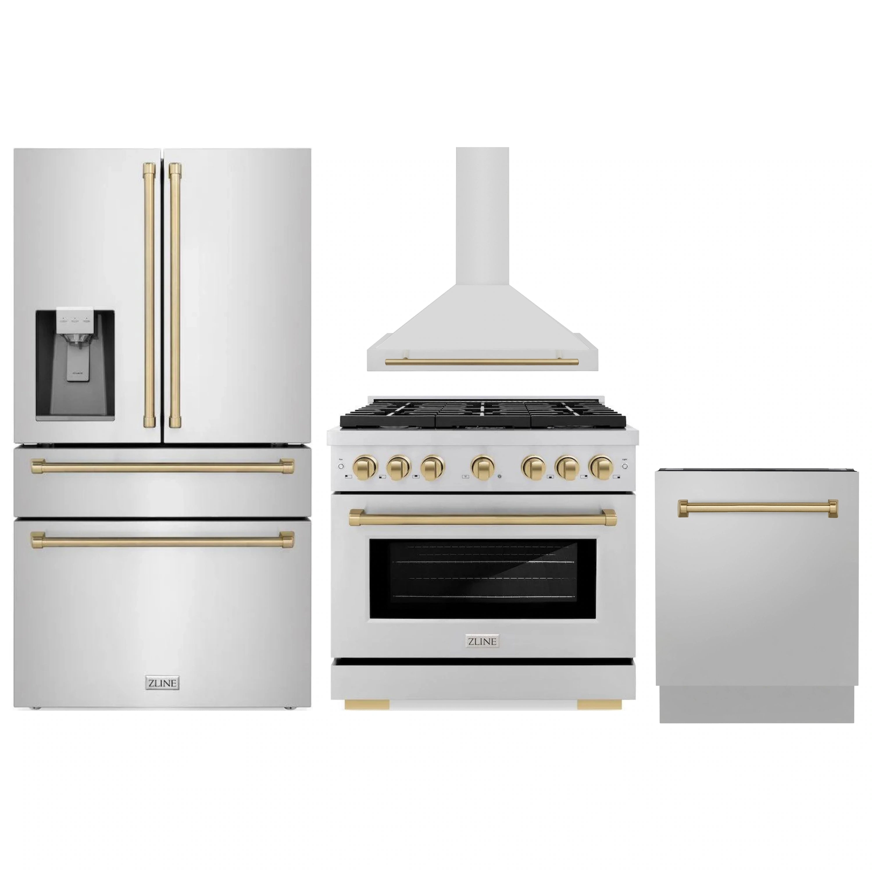 Stainless steel ZLINE appliance package showing gas range with hood and refrigerator units