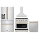 ZLINE 4-Piece Appliance Package - 36-Inch Paramount Autograph Gas Range, Wall Mount Range Hood, 36-Inch French Door Refrigerator with Water Dispenser, Dishwasher, in Stainless Steel with Champagne Bronze Accents