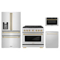 ZLINE 4-Piece Appliance Package - 36-Inch Paramount Gas Range, Refrigerator with Water Dispenser, Dishwasher, and 24-Inch Microwave Drawer in Stainless Steel with Gold Accents