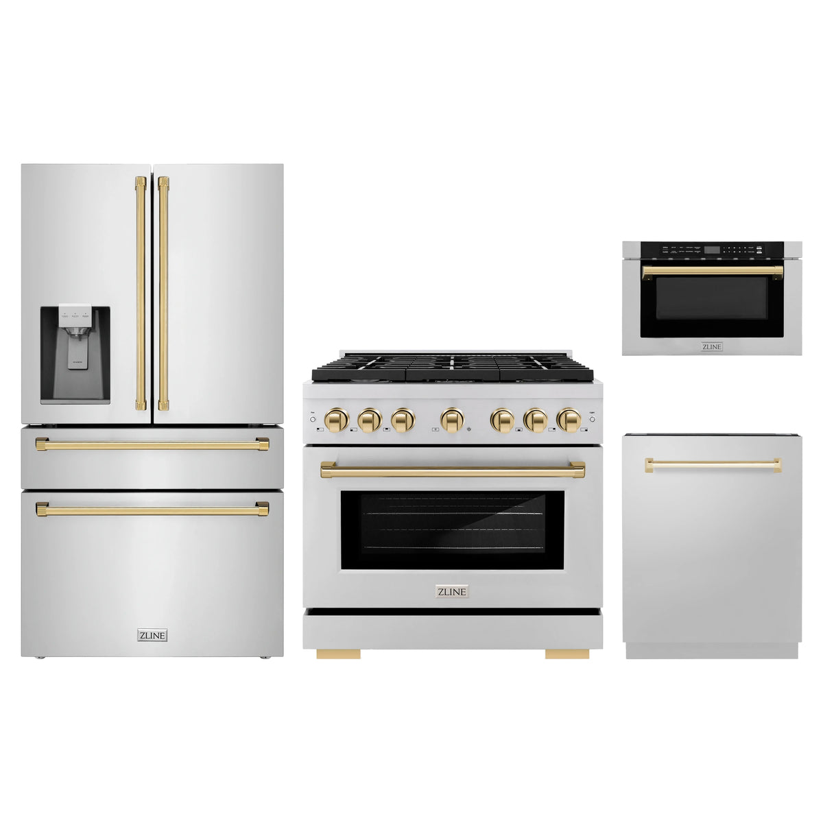ZLINE 4-Piece Appliance Package - 36-Inch Paramount Gas Range, Refrigerator with Water Dispenser, Dishwasher, and 24-Inch Microwave Drawer in Stainless Steel with Gold Accents