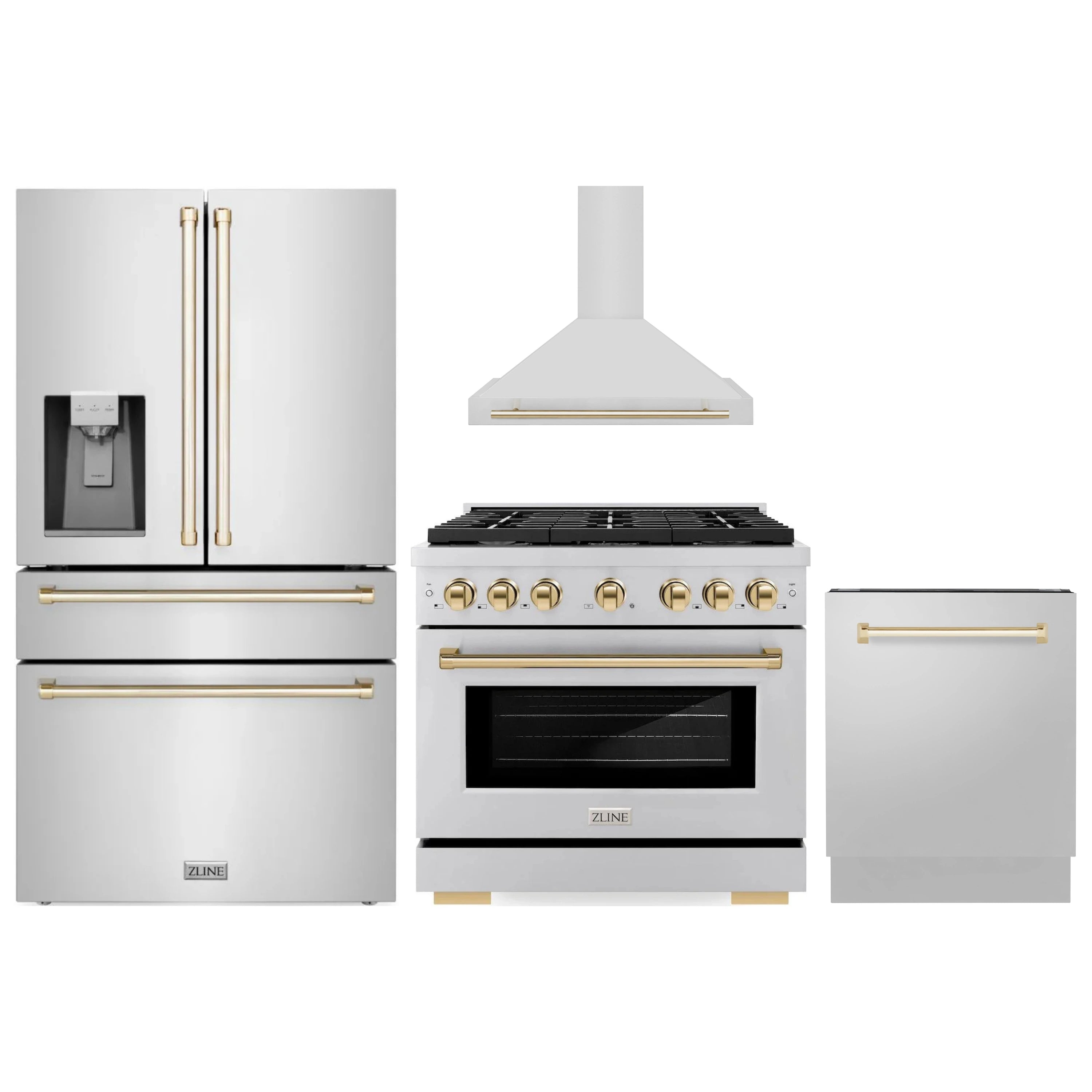 Stainless steel appliance package with gold accents: refrigerator, range, hood, dishwasher