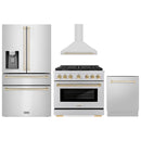 ZLINE 4-Piece Appliance Package - 36-Inch Paramount Autograph Gas Range, Wall Mount Range Hood, 36-Inch French Door Refrigerator with Water Dispenser, Dishwasher, in Stainless Steel with Gold Accents