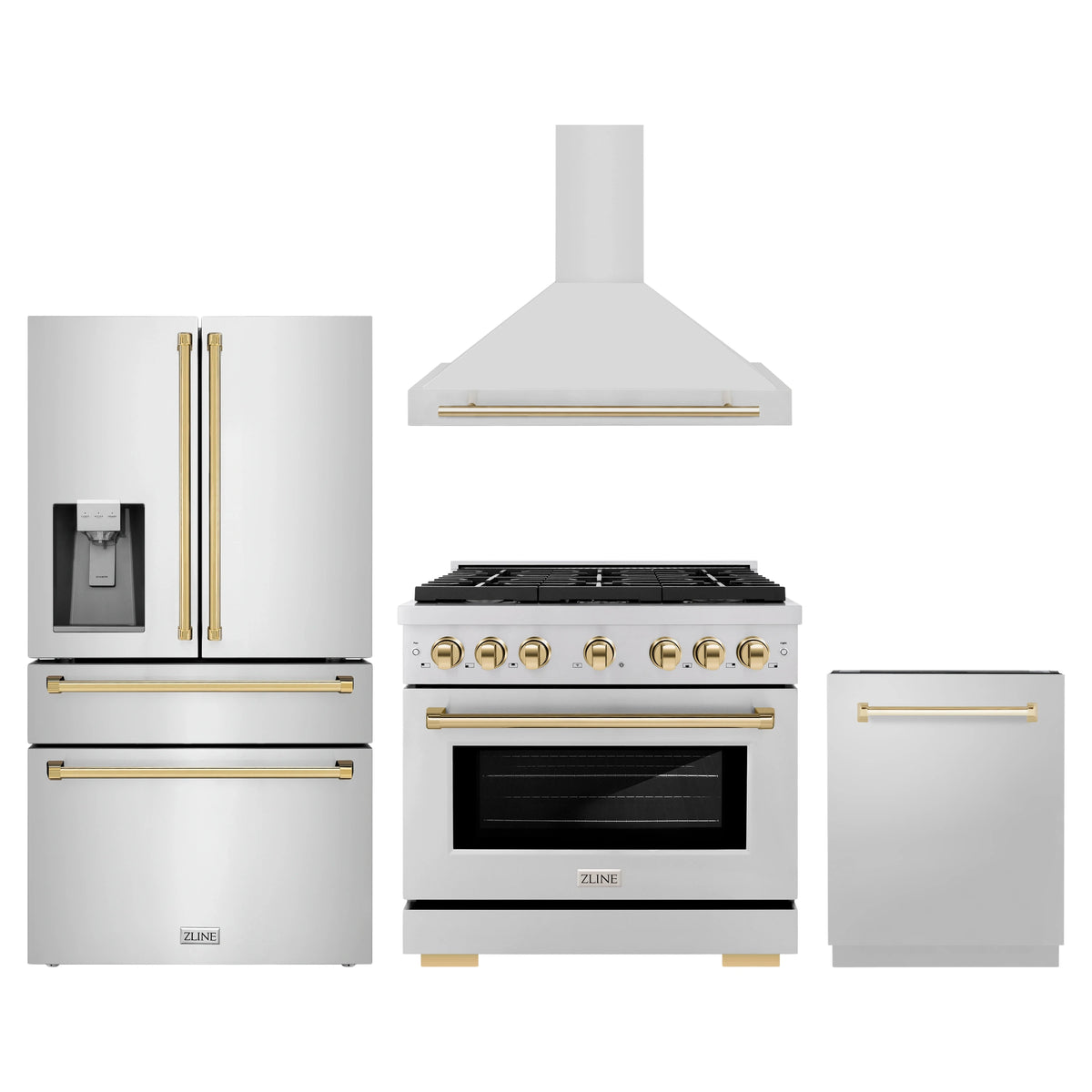 ZLINE 4-Piece Appliance Package - 36-Inch Paramount Autograph Gas Range, Wall Mount Range Hood, 36-Inch French Door Refrigerator with Water Dispenser, Dishwasher, in Stainless Steel with Gold Accents