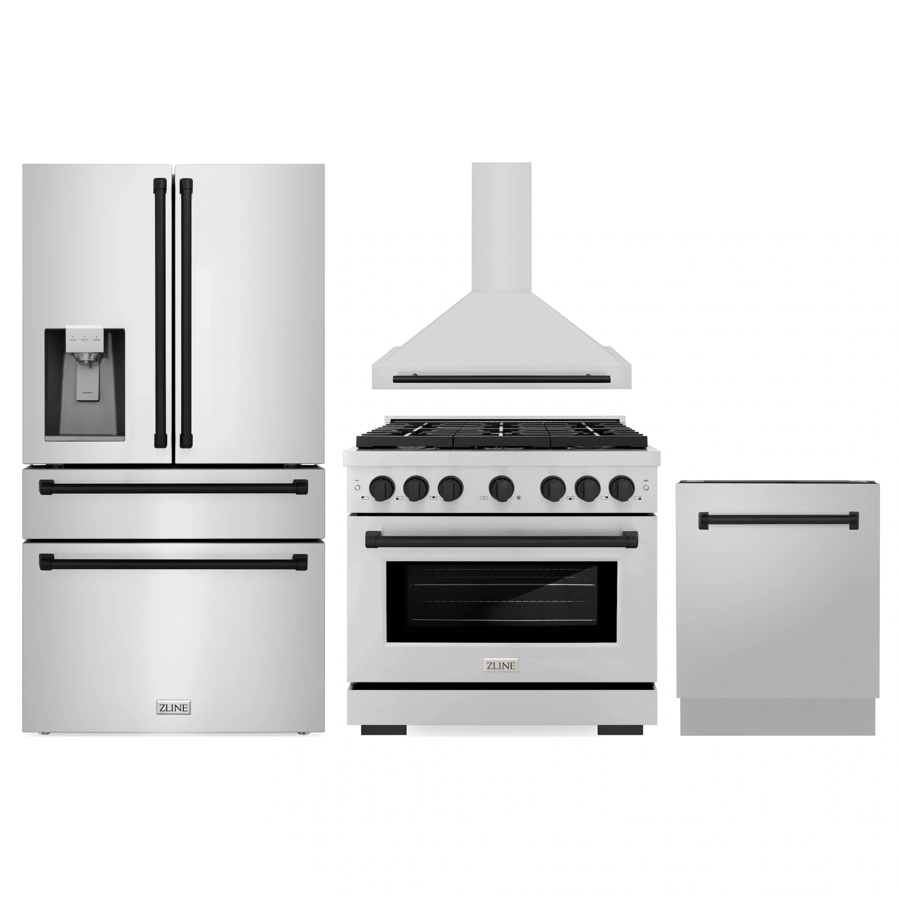 Stainless steel appliance set with matte black accents: refrigerator, range, hood, dishwasher