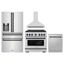 ZLINE 4-Piece Appliance Package - 36-Inch Paramount Autograph Gas Range, Wall Mount Range Hood, 36-Inch French Door Refrigerator with Water Dispenser, Dishwasher, in Stainless Steel with Matte Black Accents