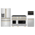 ZLINE 4-Piece Appliance Package - 48-Inch Paramount Gas Range, Refrigerator with Water Dispenser, Dishwasher, and 24-Inch Microwave Drawer in Stainless Steel with Champagne Bronze Accents