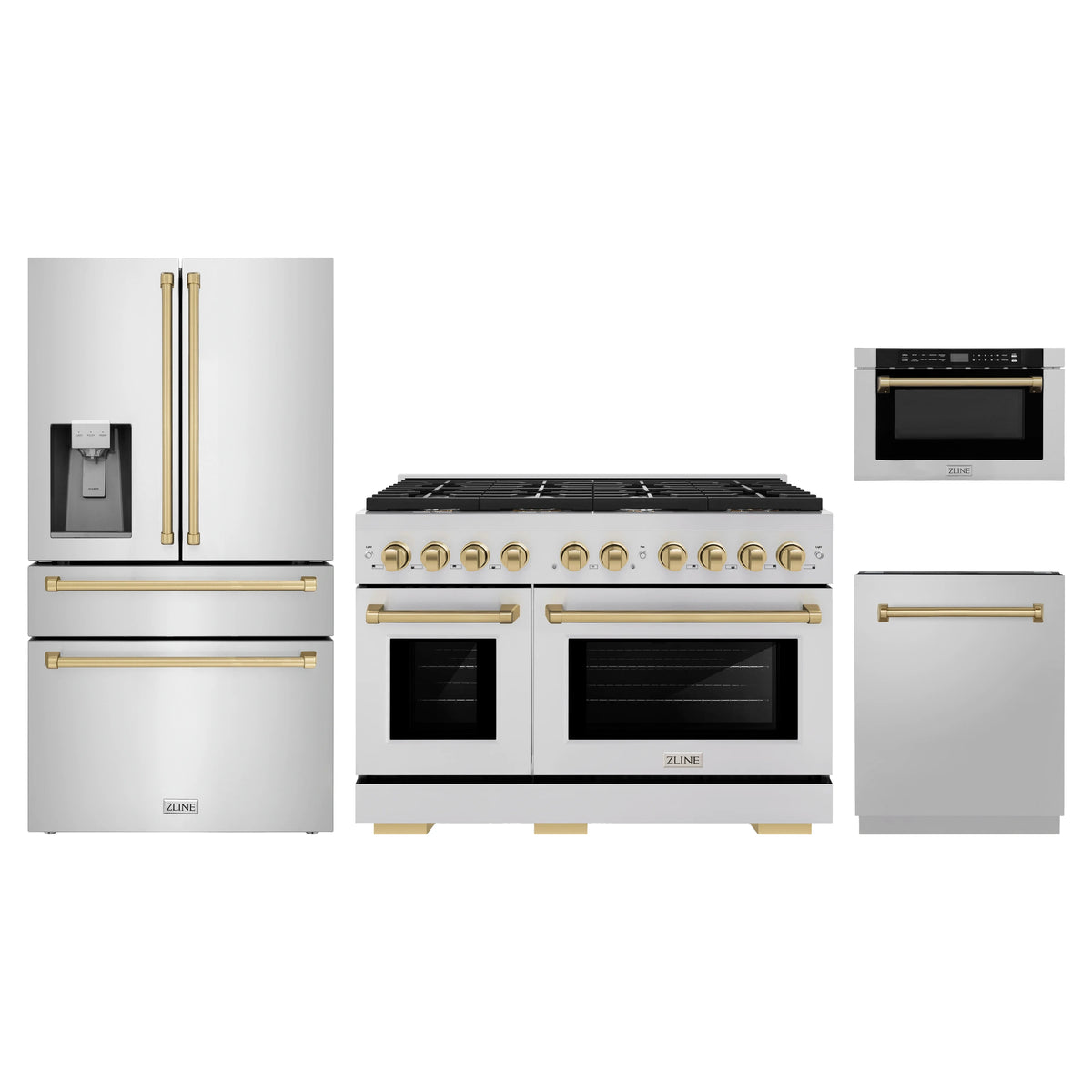 ZLINE 4-Piece Appliance Package - 48-Inch Paramount Gas Range, Refrigerator with Water Dispenser, Dishwasher, and 24-Inch Microwave Drawer in Stainless Steel with Champagne Bronze Accents
