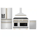 ZLINE 4-Piece Appliance Package - 48-Inch Paramount Autograph Gas Range, Wall Mount Range Hood, 36-Inch French Door Refrigerator with Water Dispenser, Dishwasher, in Stainless Steel with Champagne Bronze Accents