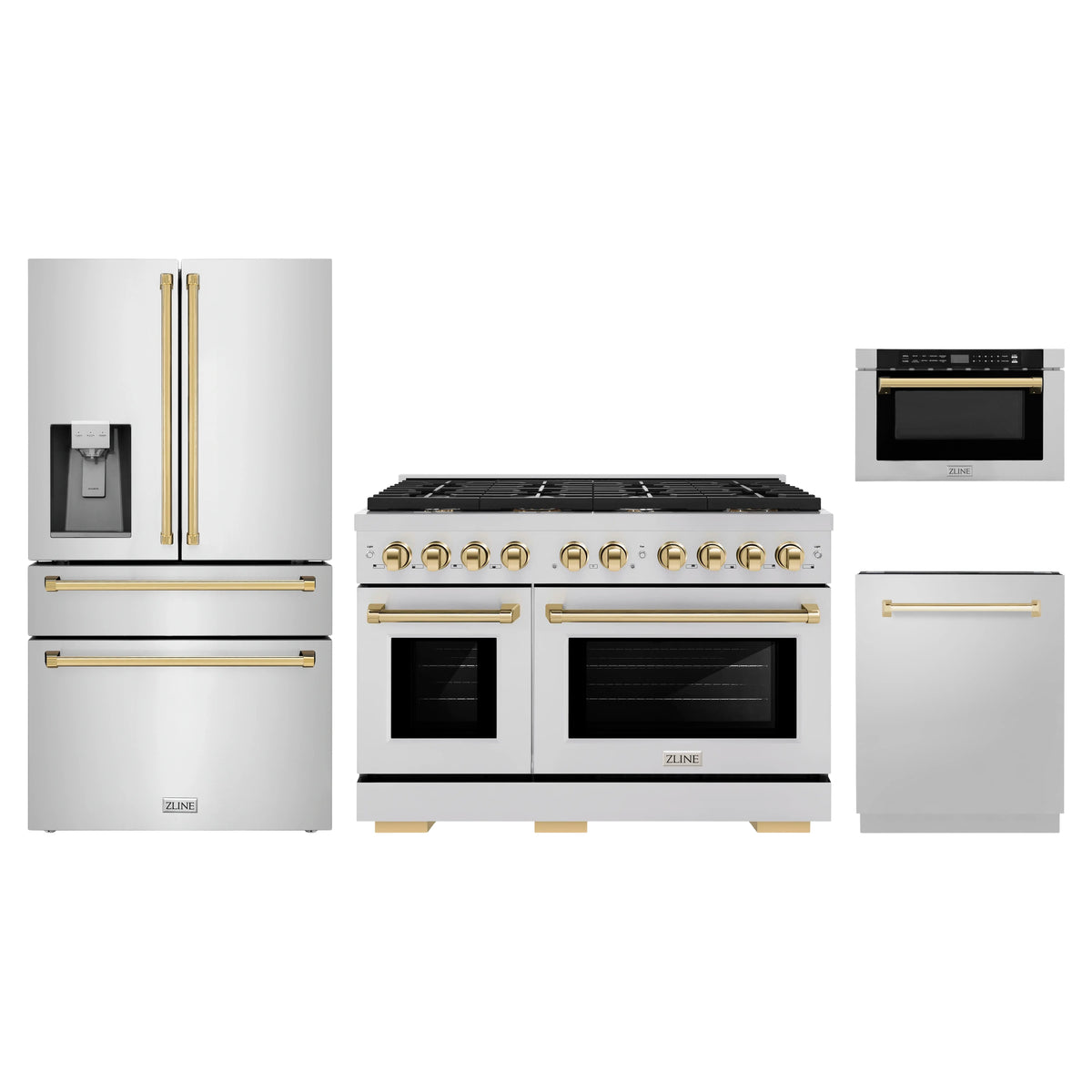 ZLINE 4-Piece Appliance Package - 48-Inch Paramount Gas Range, Refrigerator with Water Dispenser, Dishwasher, and 24-Inch Microwave Drawer in Stainless Steel with Gold Accents