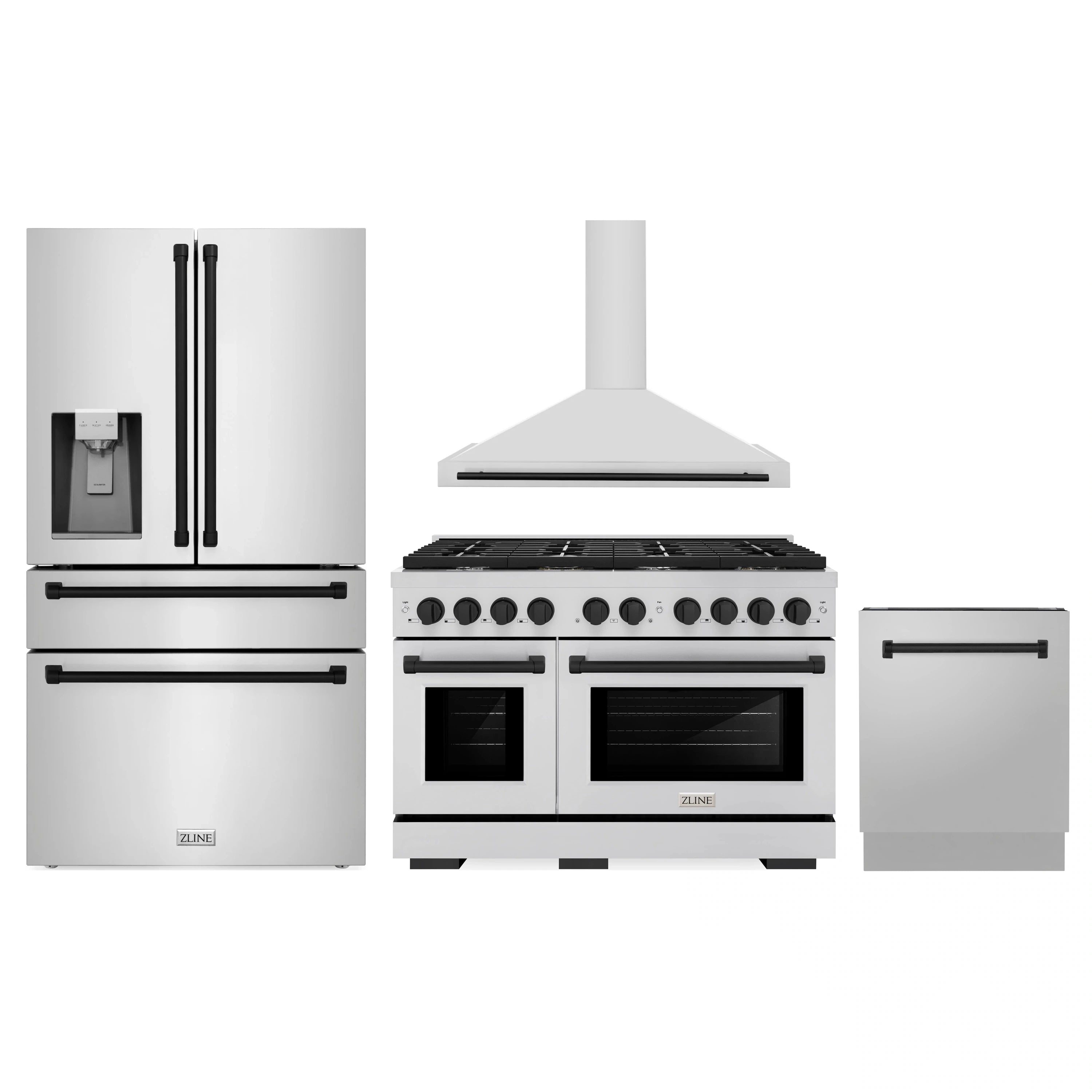 Stainless steel 3-piece kitchen appliance set: refrigerator, gas range, and range hood