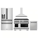 ZLINE 4-Piece Appliance Package - 48-Inch Paramount Autograph Gas Range, Wall Mount Range Hood, 36-Inch French Door Refrigerator with Water Dispenser, Dishwasher, in Stainless Steel with Matte Black Accents