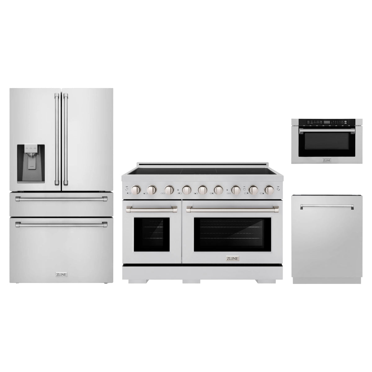 ZLINE 4-Piece Appliance Package - 48-Inch Paramount Induction Range, Refrigerator with Water Dispenser, Dishwasher, and 24-Inch Microwave Drawer in Stainless Steel