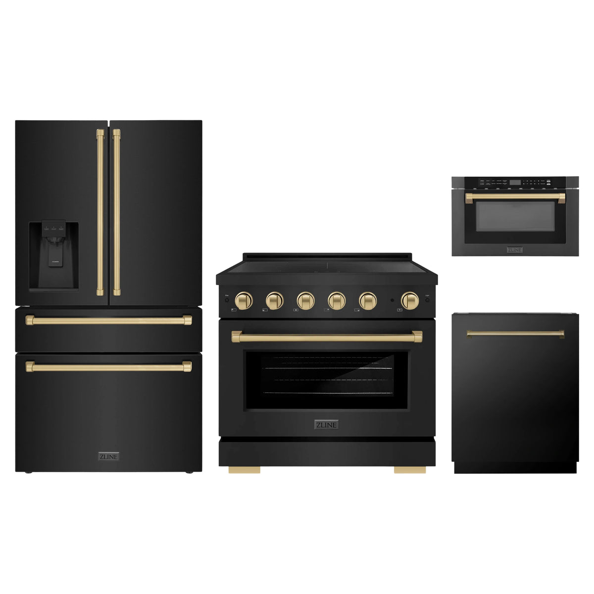 ZLINE 4-Piece Appliance Package - 36-Inch Paramount Induction Range, Refrigerator with Water Dispenser, Dishwasher, and 24-Inch Microwave Drawer in Black Stainless Steel with Champagne Bronze Accents