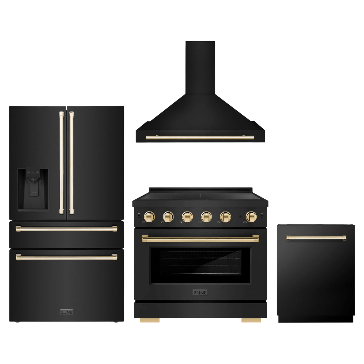 ZLINE 4-Piece Appliance Package - 36-Inch Paramount Induction Range, Wall Mount Range Hood, Refrigerator with Water Dispenser, and Dishwasher in Black Stainless Steel with Polished Gold Trim