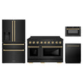 ZLINE 4-Piece Appliance Package - 48-Inch Paramount Induction Range, Refrigerator with Water Dispenser, Dishwasher, and 24-Inch Microwave Drawer in Black Stainless Steel with Champagne Bronze Accents