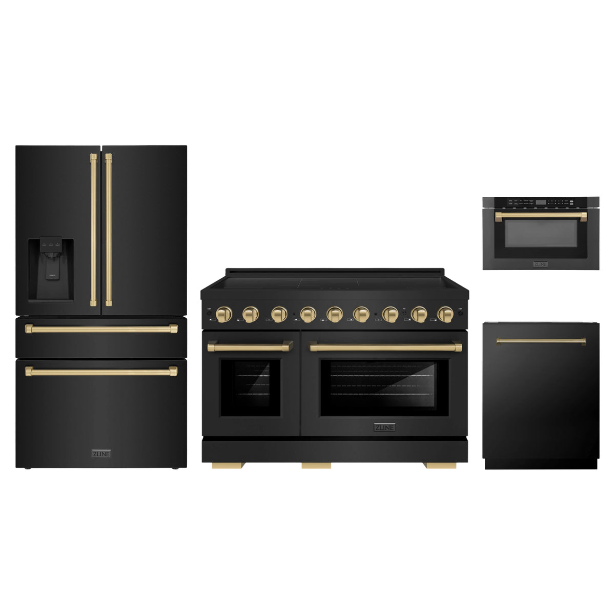 ZLINE 4-Piece Appliance Package - 48-Inch Paramount Induction Range, Refrigerator with Water Dispenser, Dishwasher, and 24-Inch Microwave Drawer in Black Stainless Steel with Champagne Bronze Accents