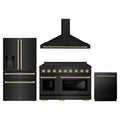 ZLINE 4-Piece Appliance Package - 48-Inch Paramount Induction Range, Wall Mount Range Hood, Refrigerator with Water Dispenser, and Dishwasher in Black Stainless Steel with Champagne Bronze Trim