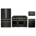 ZLINE 4-Piece Appliance Package - 48-Inch Paramount Induction Range, Refrigerator with Water Dispenser, Dishwasher, and 24-Inch Microwave Drawer in Black Stainless Steel with Gold Accents