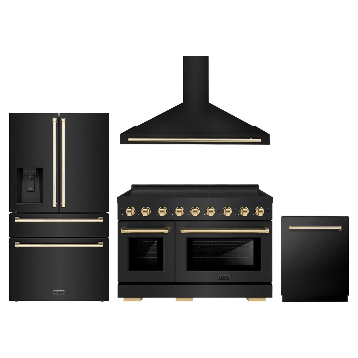 ZLINE 4-Piece Appliance Package - 48-Inch Paramount Induction Range, Wall Mount Range Hood, Refrigerator with Water Dispenser, and Dishwasher in Black Stainless Steel with Polished Gold Trim