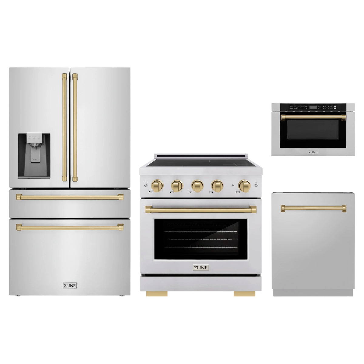 ZLINE 4-Piece Appliance Package - 30-Inch Paramount Induction Range, Refrigerator with Water Dispenser, Dishwasher, and 24-Inch Microwave Drawer in Stainless Steel with Champagne Bronze Accents