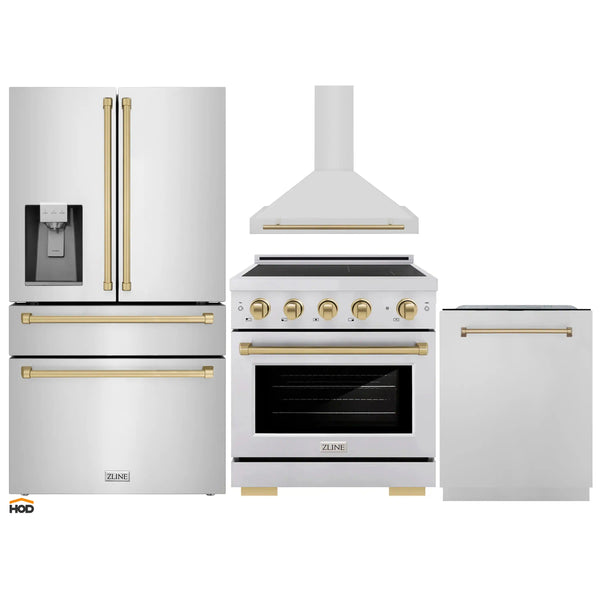 ZLINE 4-Piece Appliance Package - 30-Inch Paramount Induction Range,  Wall Mount Range Hood, Refrigerator with Water Dispenser, and Dishwasher in Stainless Steel with Champagne Bronze Trim