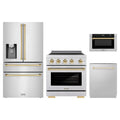 ZLINE 4-Piece Appliance Package - 30-Inch Paramount Induction Range, Refrigerator with Water Dispenser, Dishwasher, and 24-Inch Microwave Drawer in Stainless Steel with Gold Accents