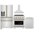 ZLINE 4-Piece Appliance Package - 30-Inch Paramount Induction Range, Wall Mount Range Hood, Refrigerator with Water Dispenser, and Dishwasher in Stainless Steel with Polished Gold Trim