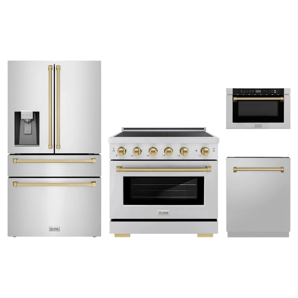 ZLINE 4-Piece Appliance Package - 36-Inch Paramount Induction Range, Refrigerator with Water Dispenser, Dishwasher, and 24-Inch Microwave Drawer in Stainless Steel with Champagne Bronze Accents