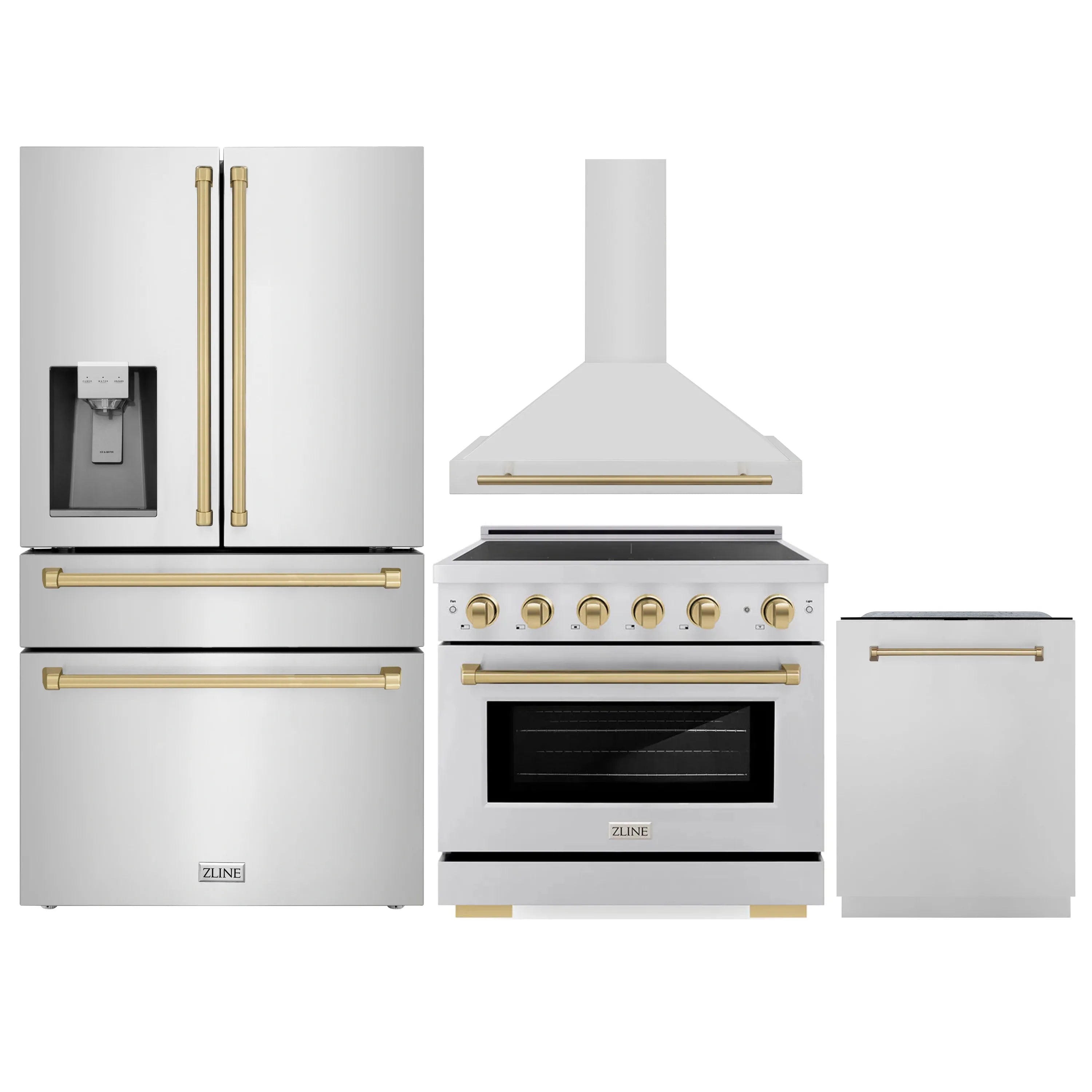 Stainless appliance set with champagne bronze trim: fridge, range, hood, dishwasher