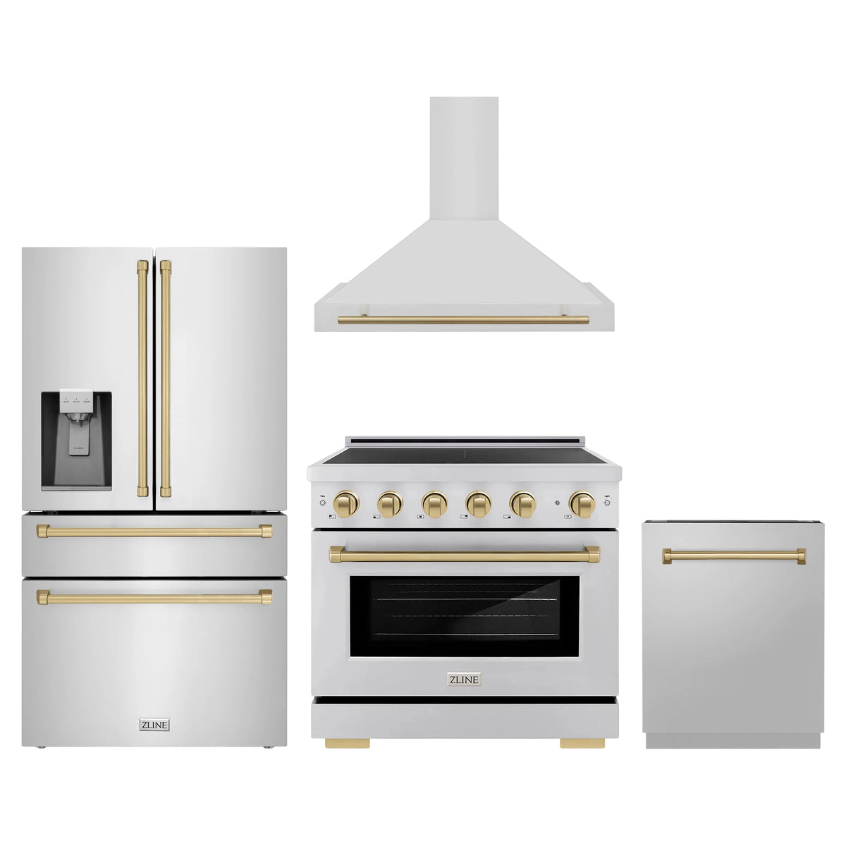 ZLINE 4-Piece Appliance Package - 36-Inch Paramount Induction Range, Wall Mount Range Hood, Refrigerator with Water Dispenser, and Dishwasher in Stainless Steel with Champagne Bronze Trim