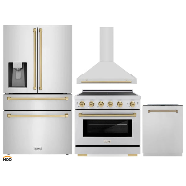 ZLINE 4-Piece Appliance Package - 36-Inch Paramount Induction Range, Wall Mount Range Hood, Refrigerator with Water Dispenser, and Dishwasher in Stainless Steel with Champagne Bronze Trim