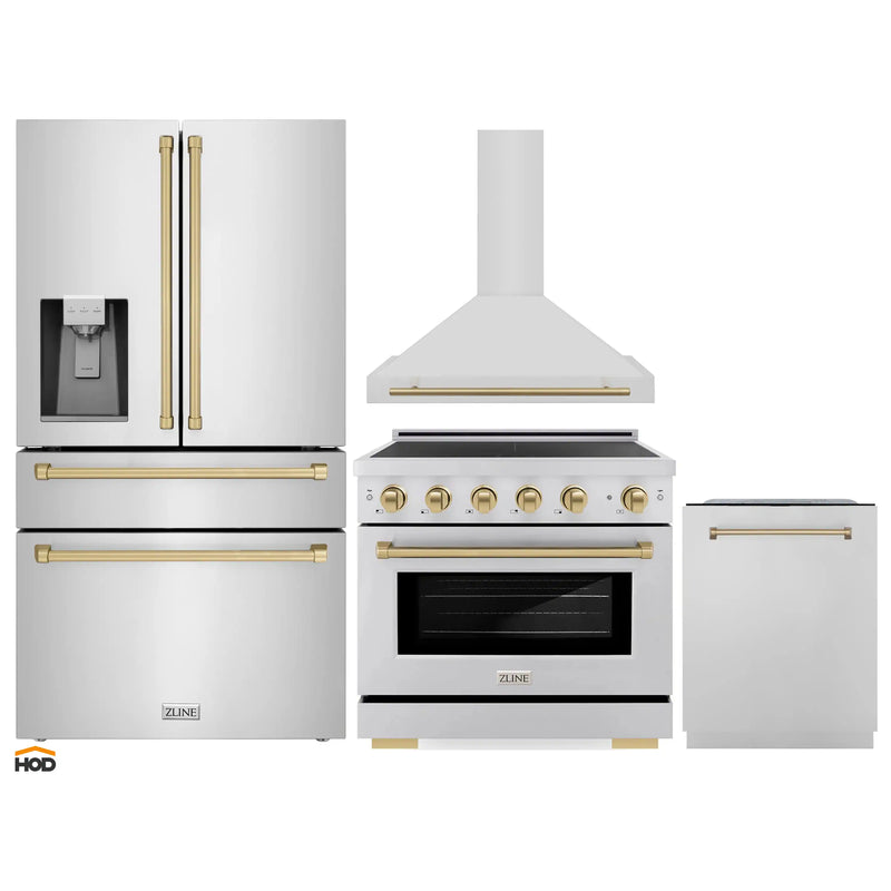 ZLINE 4-Piece Appliance Package - 36-Inch Paramount Induction Range, Wall Mount Range Hood, Refrigerator with Water Dispenser, and Dishwasher in Stainless Steel with Champagne Bronze Trim
