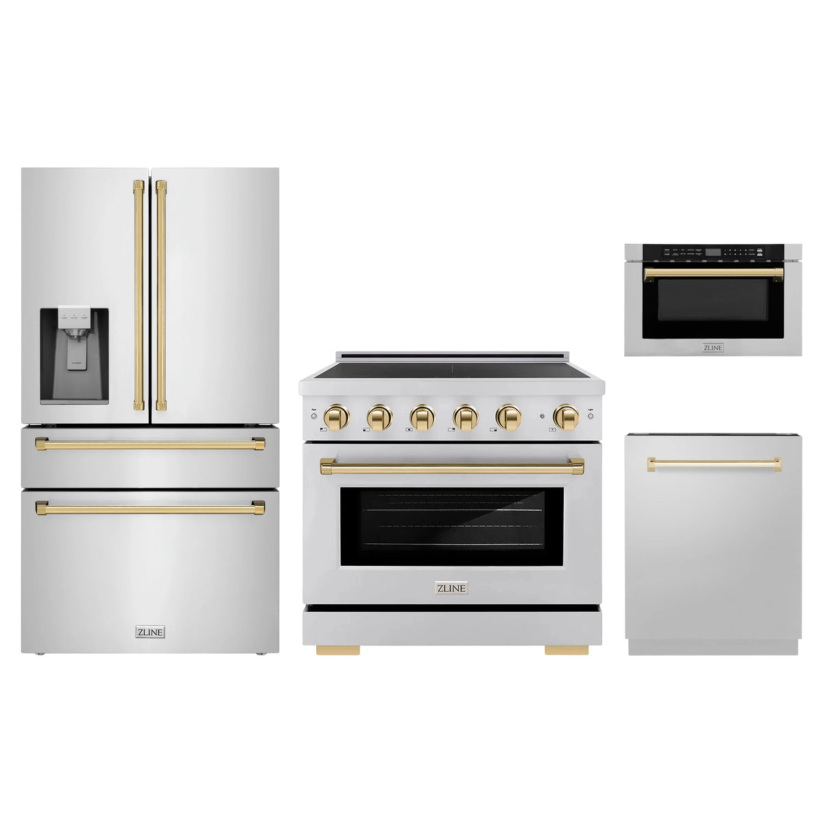 ZLINE 4-Piece Appliance Package - 36-Inch Paramount Induction Range, Refrigerator with Water Dispenser, Dishwasher, and 24-Inch Microwave Drawer in Stainless Steel with Gold Accents