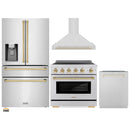 ZLINE 4-Piece Appliance Package - 36-Inch Paramount Induction Range, Wall Mount Range Hood, Refrigerator with Water Dispenser, and Dishwasher in Stainless Steel with Polished Gold Trim