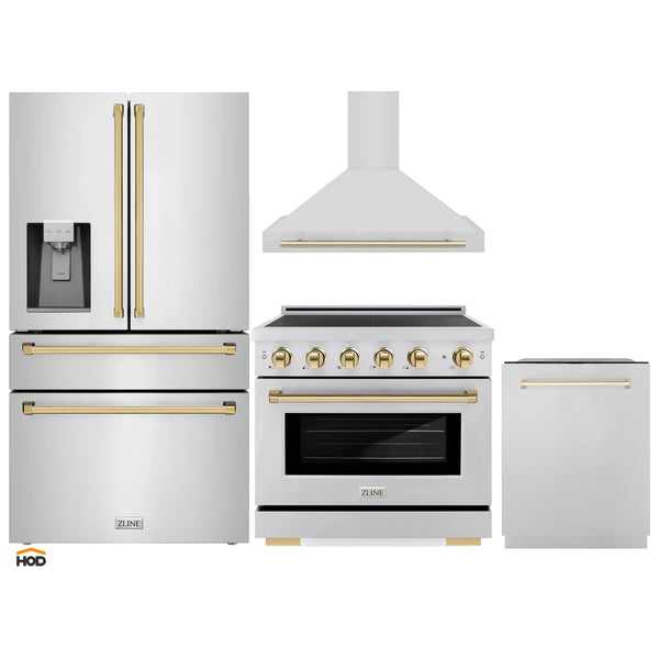 ZLINE 4-Piece Appliance Package - 36-Inch Paramount Induction Range, Wall Mount Range Hood, Refrigerator with Water Dispenser, and Dishwasher in Stainless Steel with Polished Gold Trim